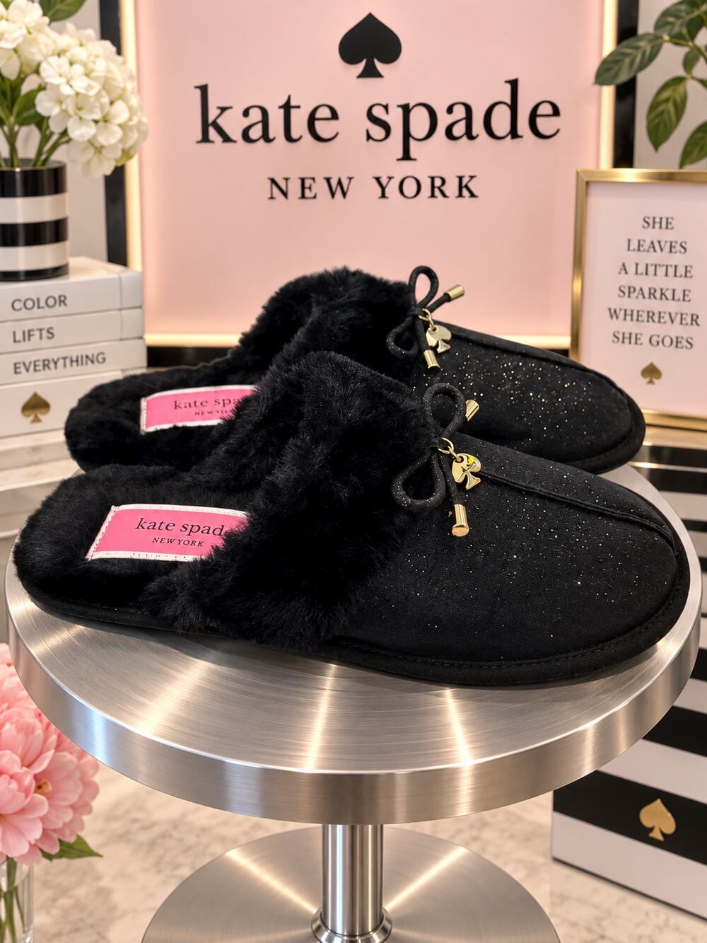 Kate Spade Lacey Black Glitter Faux Fur Bow Mule Slippers Size 7B NWOB